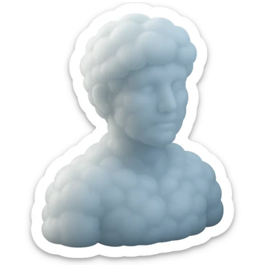 person looking straight, fully made of white fluffy convex clouds, shoulders up, no shadows, matte glass style sticker
