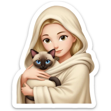 A beautiful and sexy Caucasian girl wrapped in a blanket hugging a Siamese cat sticker