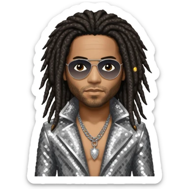 Lenny Kravitz with long dark brown dreadlocks, silver sequin outfit sticker