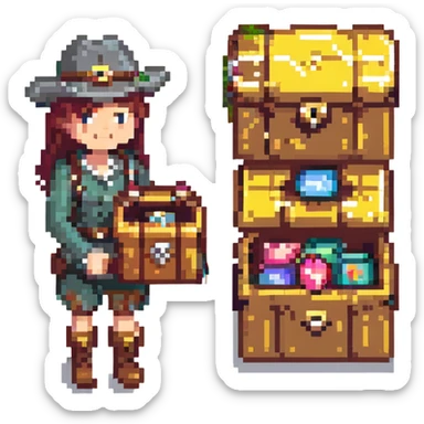 explorer with a map, standing next to a treasure chest sticker