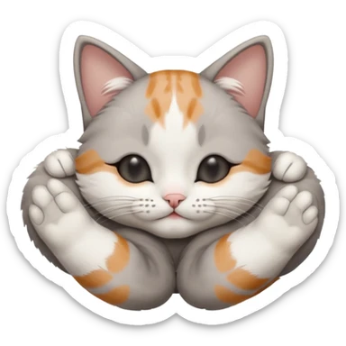 grey and white small cat with eyes closed lying down upside down with its paws/arms tightly covering its own face sticker