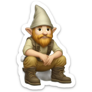 side angle of gnome with light tan pants and light tan boots squatting in front of small brown log sticker