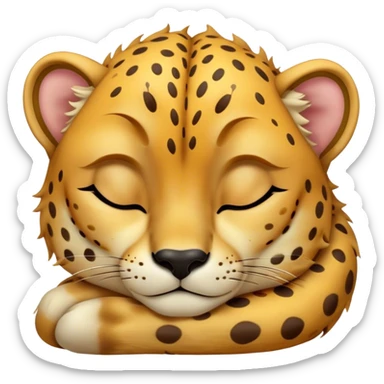 Meme-Worthy Cute Sleeping Cheetah Portrait Emoji, Head resting peacefully with a contented smile, showcasing a lean, muscular build and a luxuriously soft golden spotted Fur, eyes shut in a serene, restful nap, Simplified yet hilariously adorable features, highly detailed, glowing with a soft, drowsy light, high shine, relaxed and utterly lovable, stylized with an air of playful laziness, bright and heartwarming, soft glowing outline, capturing the essence of a comically sleepy cheetah, so meme-worthy it feels like it could instantly become the next viral sensation of adorable slumber! sticker