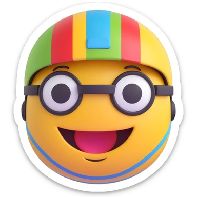 3D smiley emoji, round shape, motorcyclist with colorful striped helmet: striped helmet, smiling face sticker