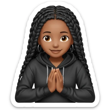 African American dark skin girl with long black box braids wearing a black hoodie with hands folded together sticker