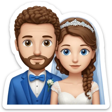 wedding couple, woman has long straight brown hair and blue eyes, man has short light brown curly hair and facial hair with blue eyes sticker