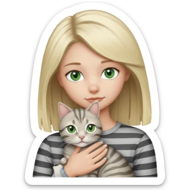 Blonde girl with blue eyes cuddling with light grey tabby cat with dark grey stripes and green eyes sticker