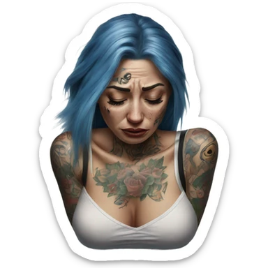 Hyper Realistic Beautiful tattooed woman crying sadly on the floor  sticker