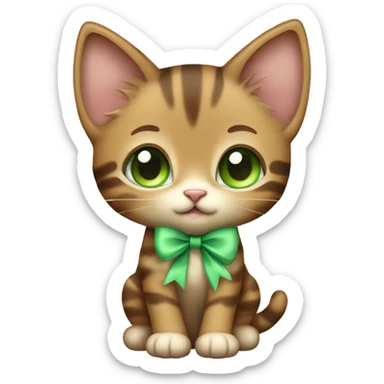extremely cute kawaii brown tabby girl kitten with green eyes and pastel green bow full body sticker