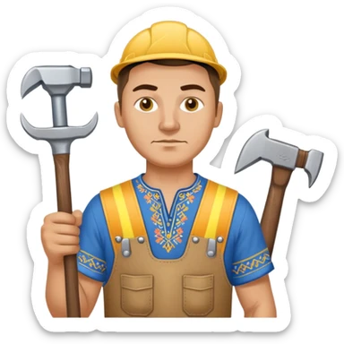 Ukrainian man wearing traditional embroidered vyshyvanka shirt holding construction tools like hammer and wrench sticker