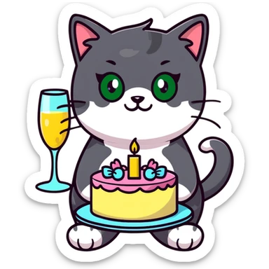 tricolor fluffy cat with big green eyes celebrating her birthday with a cake and champagne sticker