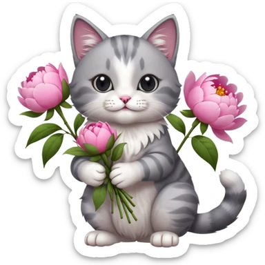 Cute cat Handing pink peonies like reaching a hand and handing them out a bouquet of them not a physical hand the cats hand  make the cat fluffy and grey and white  sticker