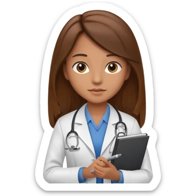 psychiatrist or therapist, mental health professional with notebook dressed like ad doctor with long brown hair  sticker