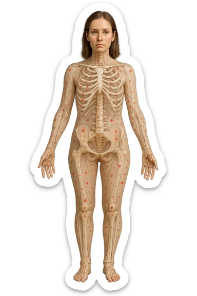 donna realistica a figura intera con red spot sparsi alle ossa, ossa del corpo visibili sul corpo, non sul volto iperrealistico 4k sticker