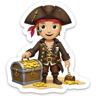 A 3D cartoon pirate character with one eye covered by a black eye patch, holding a treasure chest filled with gold coins and jewels, standing on sandy ground, wearing a pirate hat and coat, warm sunset lighting, realistic Memoji-style rendering. sticker