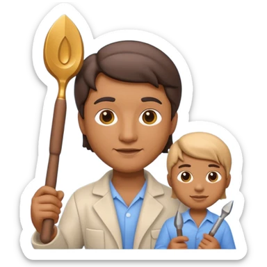 Apple Memoji-style 3D emoji of a sculptor with a small statue and chisel, smooth gradients, rounded edges, no background. sticker