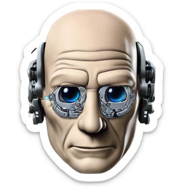 Jean luc picard from Star Trek assimilated by the Borg, with mechanical metal covering the left side of his face, with wires and a red light on the left side. Both his eyes are unobstructed and are human blue eyes. sticker