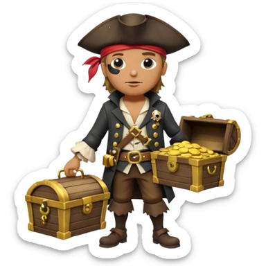 A 3D cartoon pirate character with one eye covered by a black eye patch, holding a treasure chest filled with gold coins and jewels, standing on sandy ground, wearing a pirate hat and coat, warm sunset lighting, realistic Memoji-style rendering. sticker