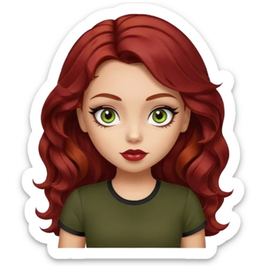 a pretty fair bratz girl with wavy dark red hair, wearing a black tee. eyeliner on, olive green eyes. Waist up sticker