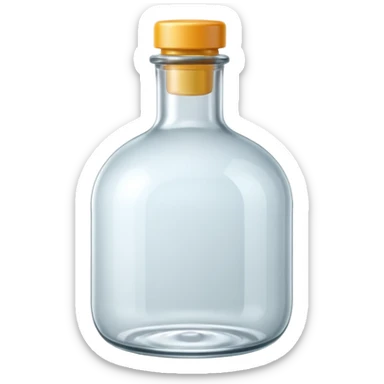 A 3D Apple-style clear glass bottle emoji, completely empty, smooth and shiny transparent surface, simple round body with a short neck and small cap, light reflections on the glass, clean minimal background. sticker