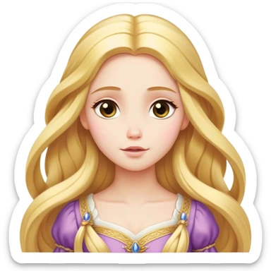 Cinematic Serene Rapunzel Portrait Emoji, rendered in a simplified vector style. Depict a gentle Rapunzel (chest and above) with delicate porcelain skin and long, shimmering golden hair, her expression calm and reflective, dressed in her traditional attire. The image is imbued with a soft, luminous glow and a subtle glowing outline. sticker