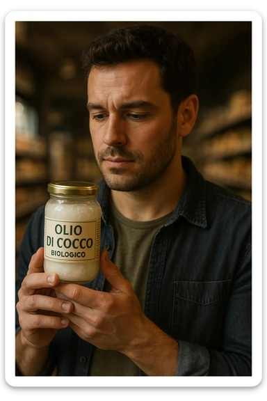 realistic and cinematic style portrait of a man consciously choosing organic coconut oil, face similar to reference photo, holding a jar with label 'Olio di Cocco Biologico', vertical 2:3 aspect ratio, no other text sticker