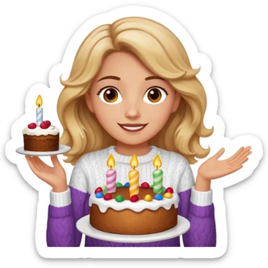 A pretty white girl with hazel brown eyes and long brown and blonde wavy hair in a cosy white knit sweater, she is celebrating her birthday and is happy sticker