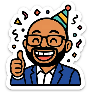 Create a funny celebration emoji version of the person in the photo. Exaggerate the smile and glasses, add party elements like confetti and a party hat, and include a playful hand gesture such as a thumbs up or peace sign. Keep the background transparent. sticker