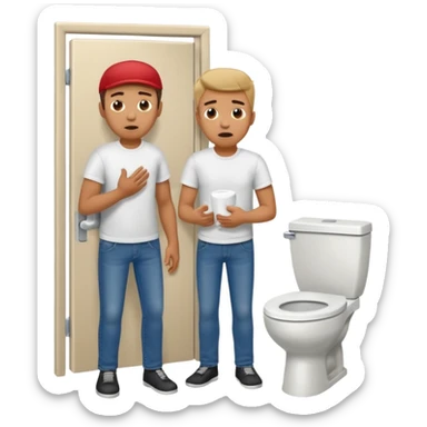 Man using the toilet while the other man is banging on the door begging holding it sticker