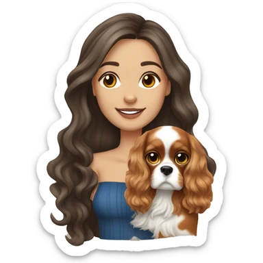 Pretty white brunette long wavy hair girl, holding a cute cavalier King Charles spaniel dog with short ears wavy fur sticker