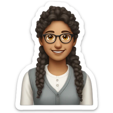 smiling indian teenage girl with curly hair and glasses wearing a collared long sleeve white shirt under a white sweatervest sticker