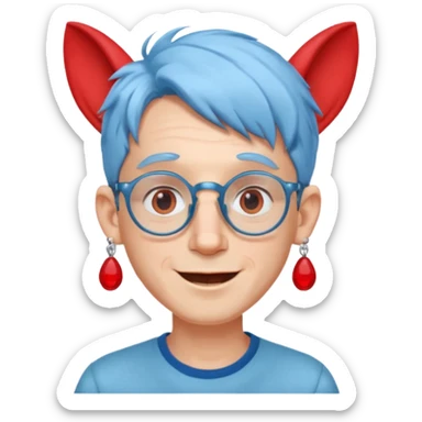 light blue haired man mid length hair with big ears and red earrings and spectacles happy sticker