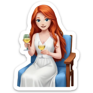 Happy redhead with long hair and blue eyes holding white wine sitting in chair beside fire pit in backyard sticker
