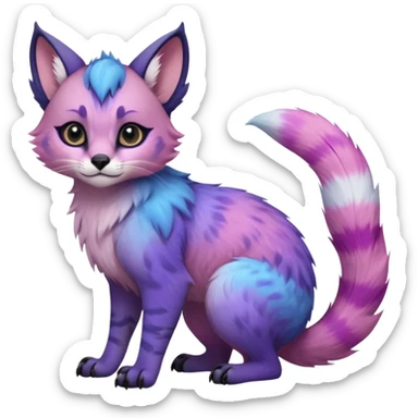 Cute kawaii cool edgy badass  pastel cotton-candy pink-blue-purple gradient fluffy fur fantasy-caracal-civet-genet-sergal-vernid-Gryphon-Cacomistle-Trico-oncilla-animal-Fakémon-hybrid-fursona (full body), facial markings, (realism style) sticker