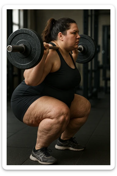 donna grassa con lipedema alle gambe che fa uno squat di profilo con bilanciere, IPERREALISTICA 4K sticker