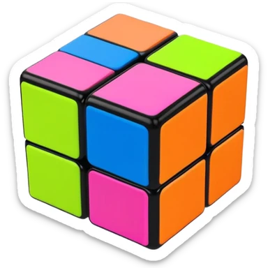 A 3x3 Rubik's Cube completely scrambled, with 90s American color palette, fluorescent orange, lime green, hot pink, electric blue, viewed from above sticker
