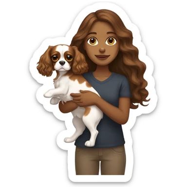  girl with long wavy brown hair, holding a brown and white cavalier King Charles spaniel dog with a pink bow on sticker