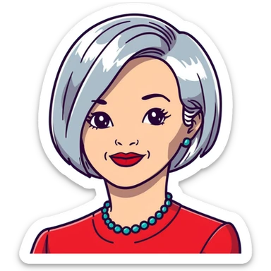 Elegant older woman with silver-gray bob haircut, light skin, almond eyes, red lipstick, red blouse, sophisticated warm smile sticker