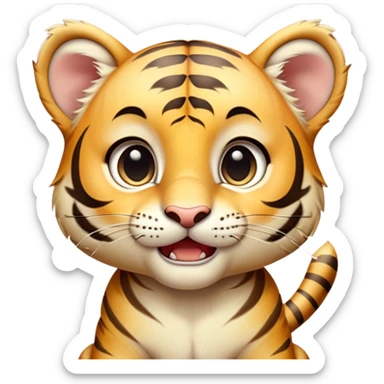 Cinematic Comical Tiger Cub Portrait Emoji, Head tilted dramatically with an exaggeratedly shocked expression, featuring a compact, endearing build with wide, comically expressive eyes full of humorous disbelief, Simplified yet hilariously expressive features, highly detailed, glowing with a slightly sassy wild glow, high shine, dramatic yet playful, stylized with an air of quirky feline attitude, soft glowing outline, capturing the essence of a meme-worthy tiger cub that looks ready to side-eye its way into viral fame! sticker