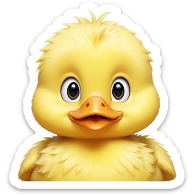 Cinematic Comical Yellow Baby Duck Portrait Emoji, Head tilted dramatically with an exaggeratedly amused expression, featuring a striking, fluffy yellow downy coat with a tiny quirky beak, wide, expressive eyes filled with playful disbelief, Simplified yet hilariously expressive features, highly detailed, glowing with a slightly sassy glow, high shine, dramatic yet playful, stylized with an air of cheeky mischief, bright and endearing, soft glowing outline, capturing the essence of a spirited and over-the-top duckling, so meme-worthy it feels like it could peep its way into internet fame instantly! sticker