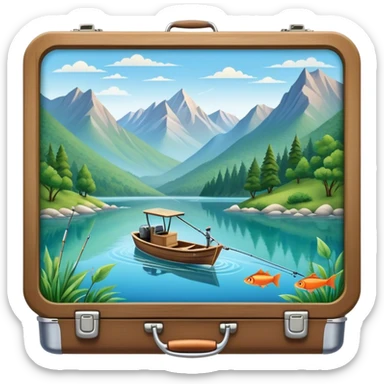 Icon for Fishing Travel: a boat on a calm lake surrounded by mountains and lush greenery, with fish jumping out of the water, a fishing rod, tackle box. The icon should capture the peaceful and adventurous nature of fishing trips. Transparent background. sticker