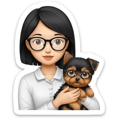 A black Asian haired girl wearing glasses, holding a Yorkshire terrier puppy sticker