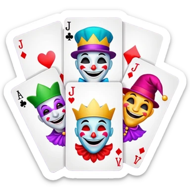 bunch of 3 poker cards, with crazy colorful human jolly jokers inside, inversed face sticker