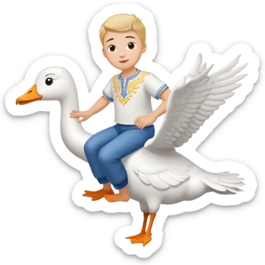 A boy in a Ukrainian white embroidered shirt flies on a white goose sticker