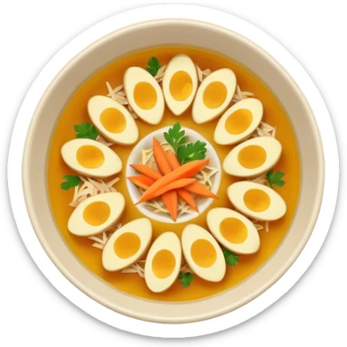 Emoji of a Mexican chicken broth (consomé de pollo): a warm golden soup with bits of shredded chicken, carrot, potato, and cilantro in a simple round bowl, viewed from above sticker