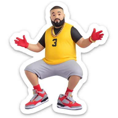 red DJ Khaled Grateful Air Jordan 3 sneaker in University Red, Black, Cement Grey colors with yellow cartoon arms and legs, playful pose, matching the style of the green 3D emoji character sticker