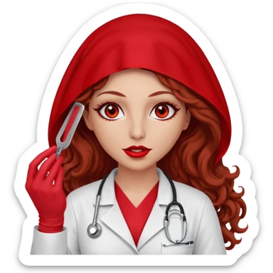 Lilith scalpel in hand, evil surgeon sexy surgeon clothes.  She has red eyes. She brown long curly hair. Wears sexy doctor outfit with red gloves. Wears red burka to hide her mouth and nose sticker