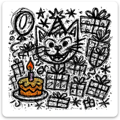 Make the birthday cake more colorful while keeping the chaotic outlined style and all other elements intact sticker