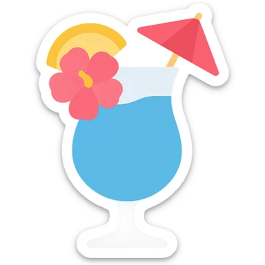 blue tropical cocktail with hibiscus, pineapple, and paper umbrella garnish sticker