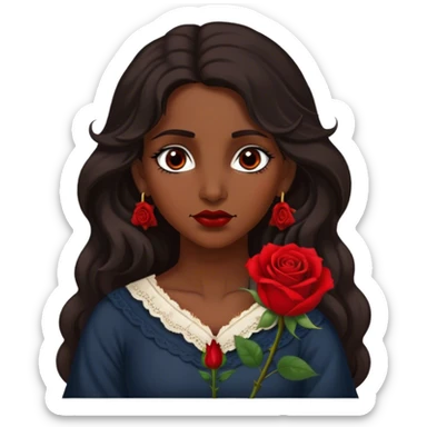 A Romani woman with long, wavy dark hair and a single red rose behind one ear. She has deep eyes and a confident, mysterious expression sticker
